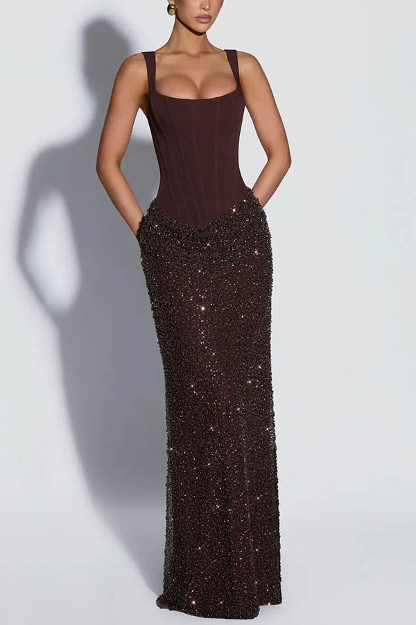 Yeona Square Neck Back Lace-up Sequin Embellished Drape Cowl Overlay Maxi Dress