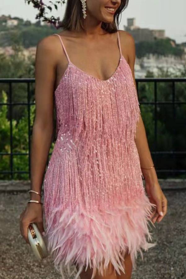 Sequin Tassel Feather Slip Mini Dress