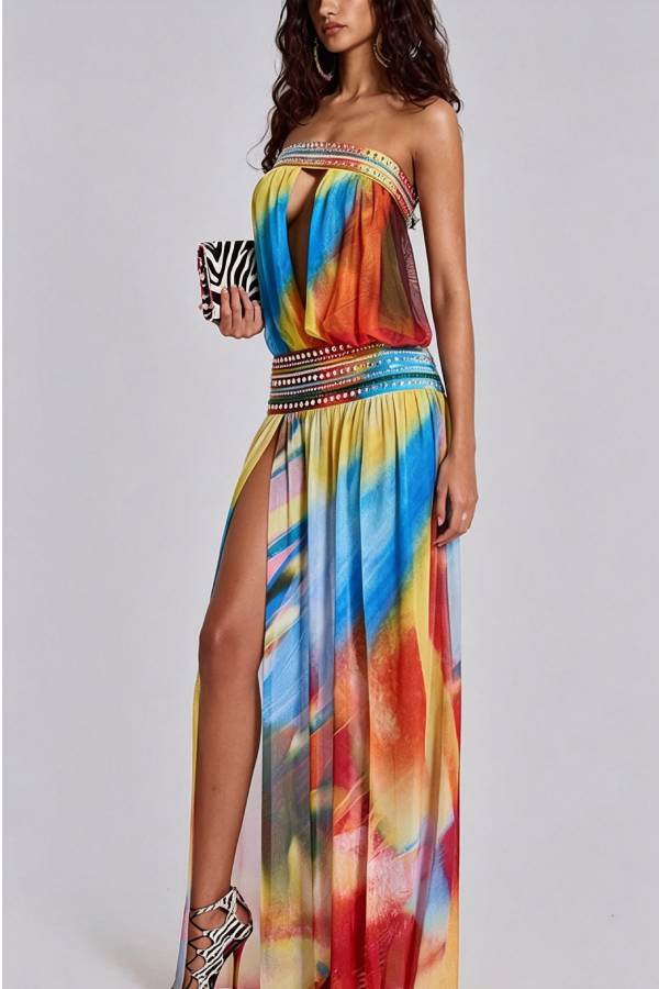Kalila Mesh Multi-coloured Printed Stud and Sequin Embellishment Cutout Slit Maxi Dress