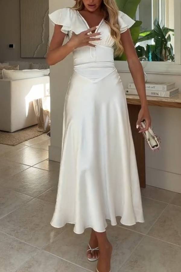 Lace Trim V Neck Flutter Sleeve Satin Midi Dress