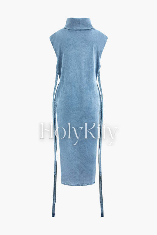 Turtle Neck Cap Sleeve Side Cut Out Denim Dress
