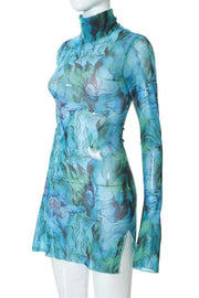 Sheer mesh see through print high neck slit long sleeve mini dress