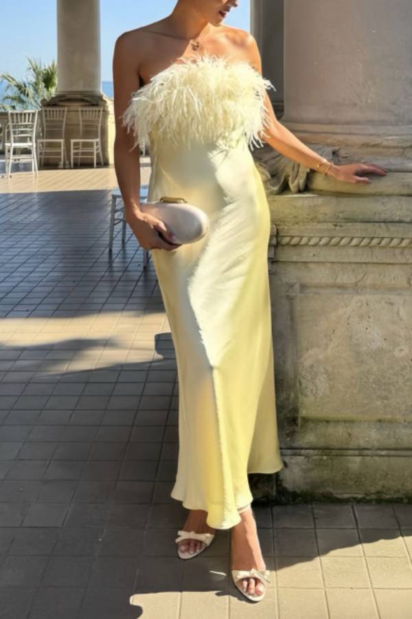 Strapless Feather Satin Mermaid Maxi Dress