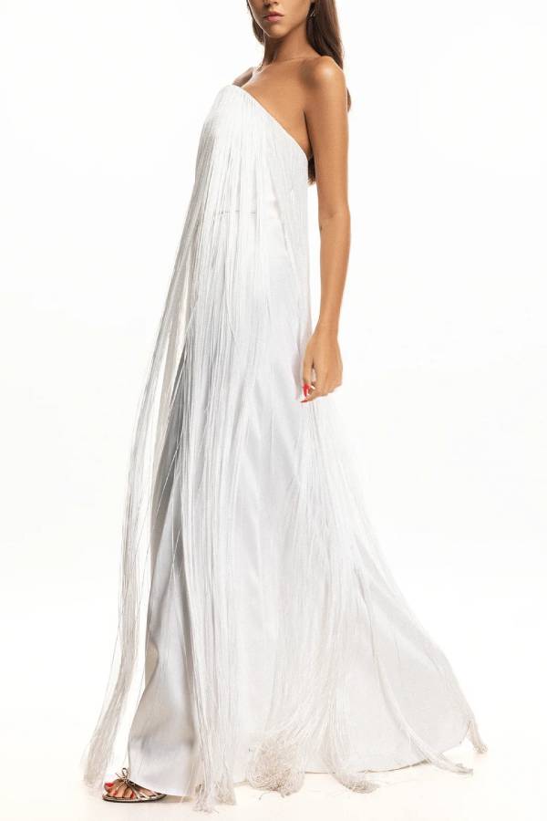 Strapless Long Fringe Evening Gown