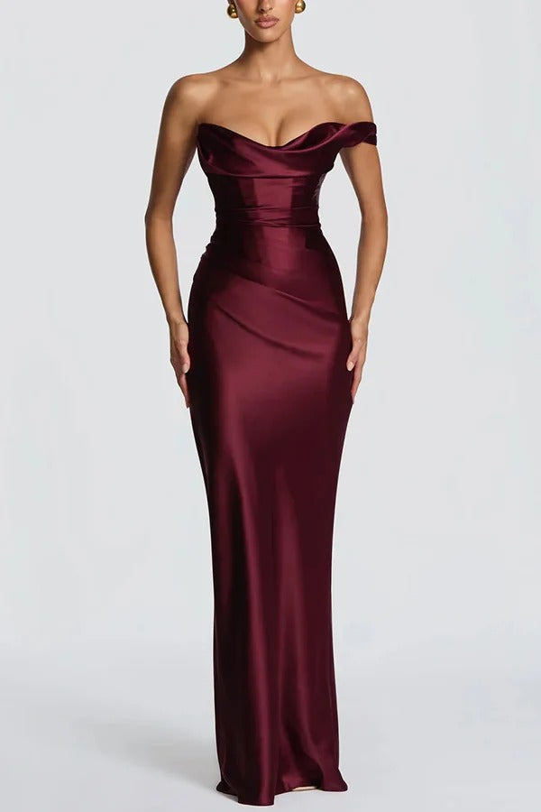 Thalassa Satin One Shoulder Scooped Neck Bias Cut Pleated Maxi Dress
