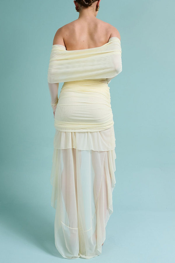 Off Shoulder Long Sleeve Ruched High-Low Maxi Dresses-Yellow [Pre Order]
