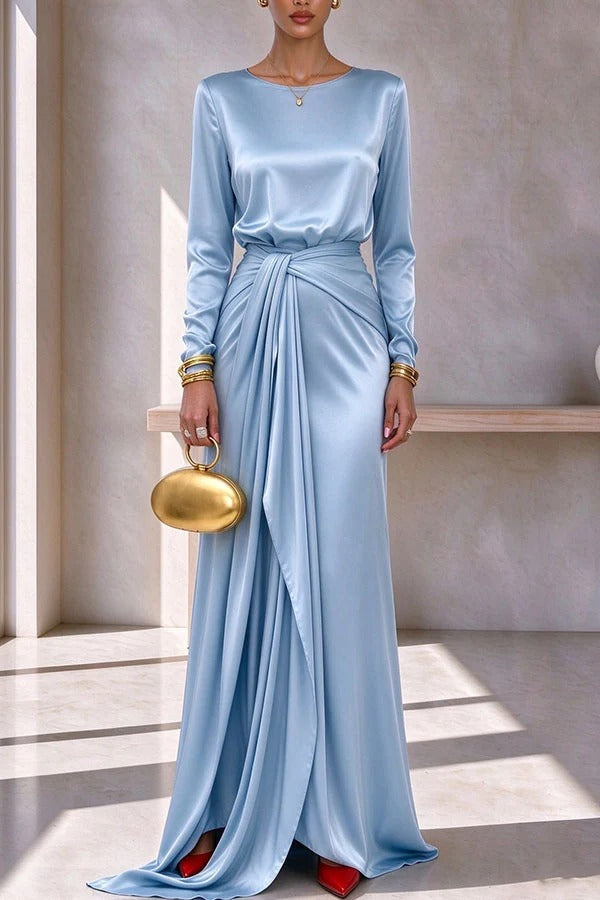Luna Satin Long Sleeve Top and High Rise Tie-up Waist Slit Maxi Skirt Set