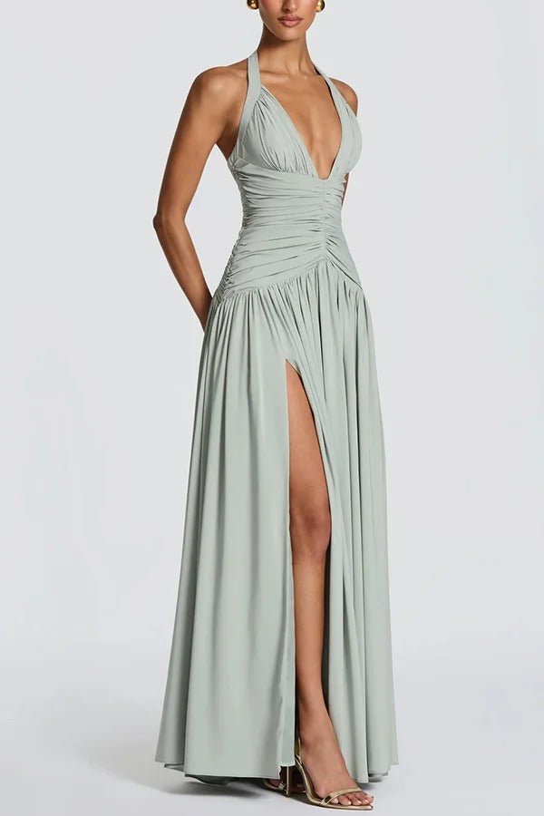 Amaris Halter Tie-up V-neck Ruched Detail Back Lace-up Slit Drape Maxi Dress