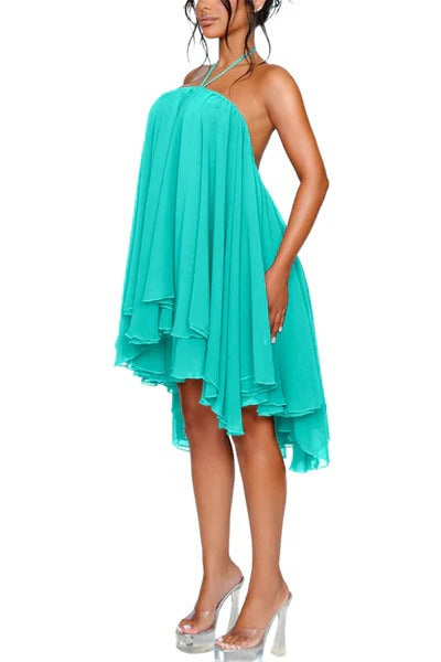 Oastal Escape Fluid Chiffon Halter High Low Layered Hem A-line Mini Dress