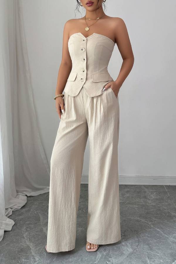 Elegant Button Vest Wide Leg Trousers Set