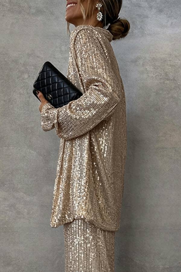 Party Scene Sequin High Rise Elastic Waist Wide Leg Pants