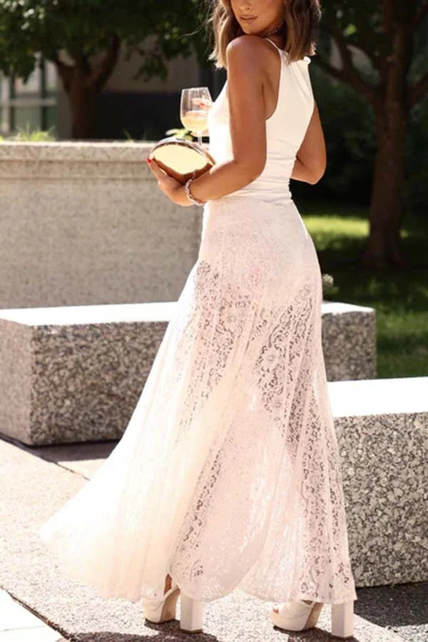 Brighten My Day Floral Lace High Rise Flare Umbrella Maxi Skirt