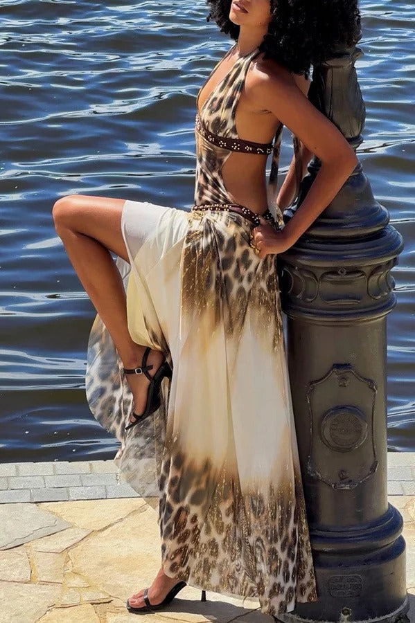 Wild Charm Gold Leopard Print Beaded Patchwork Halter Backless Maxi Dress