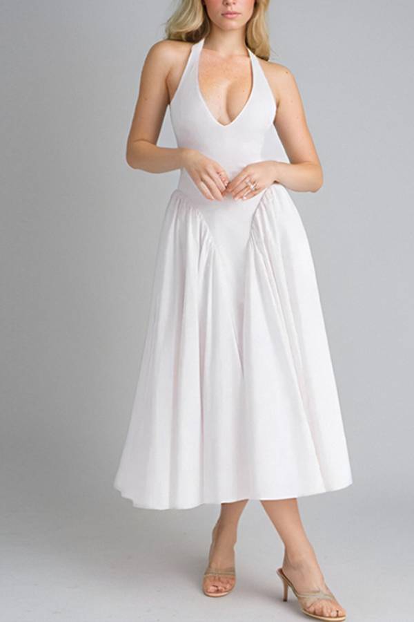 Halter Deep V Bodycon Panel Full Skirt Midi Dress