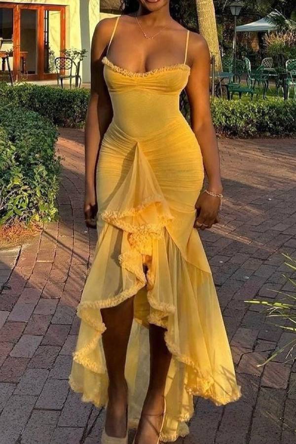 Frill Trim Spaghetti Strap Ruched High Slit Ruffle Mermaid Maxi Dress