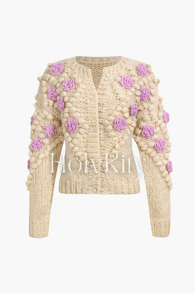 Flower Pom-pom Knit Cardigan
