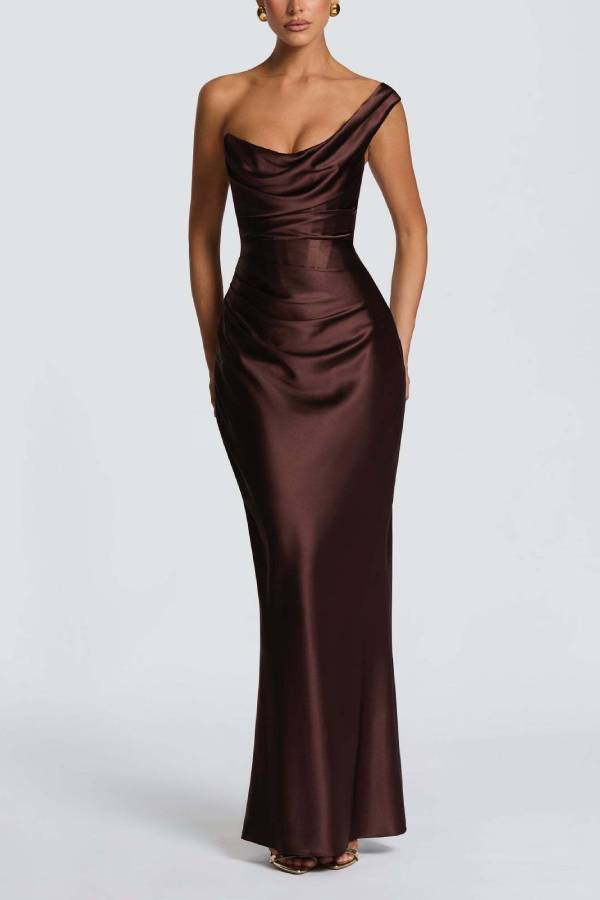 Multi-Color Satin Strapless/One-Shoulder Lace-Up Mermaid Maxi Formal Dress