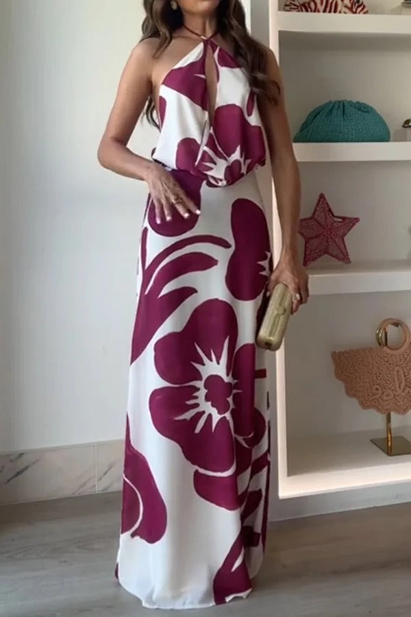 Leslie Flower Print Halter Cutout Cowl Neck Backless Maxi Dress