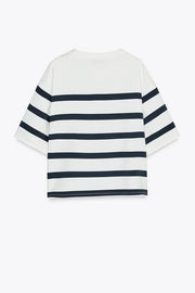 Logbook Stripe Button Shoulder T-Shirt and High-Rise Pocketed Loose Shorts Set