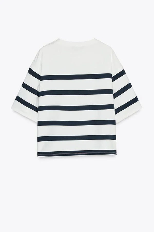 Logbook Stripe Button Shoulder T-Shirt and High-Rise Pocketed Loose Shorts Set