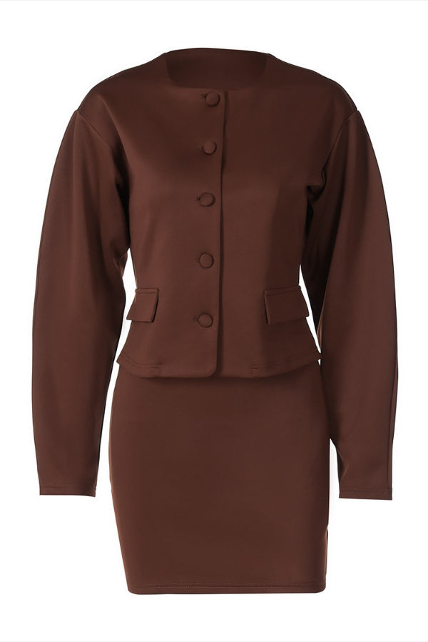 Button Up Wide Long Sleeve Jacket Solid Color Mini Skirt 2pcs Set-Black