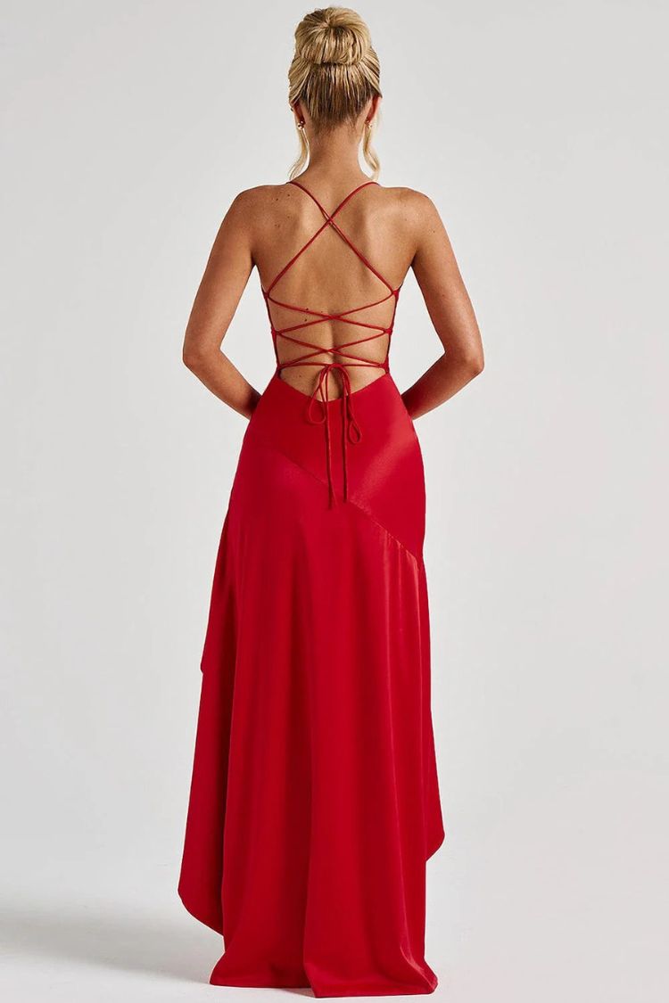 Samira Satin Back Lace-up Ruffles High Low Slit Maxi Dress