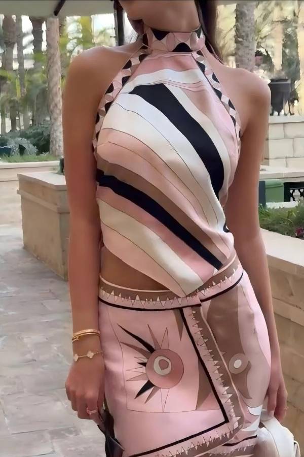 Unique satin printed twill top with asymmetric mini skirt set