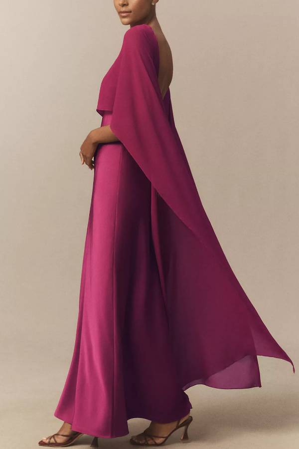 V-Neck Cape Satin Maxi Dress