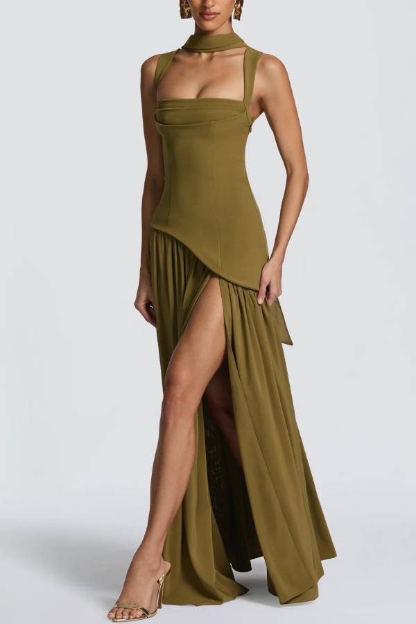 Halter Square Neck Fitted Slit Long Evening Gown