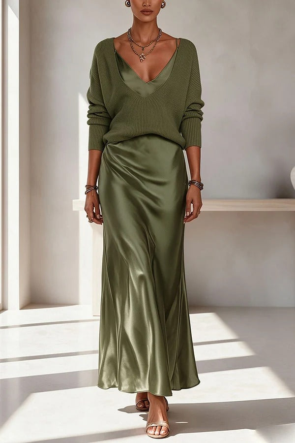 Velma Ribbed Knit V-neck Long Sleeve Relaxed Sweater and Satin Slip Midi Dress