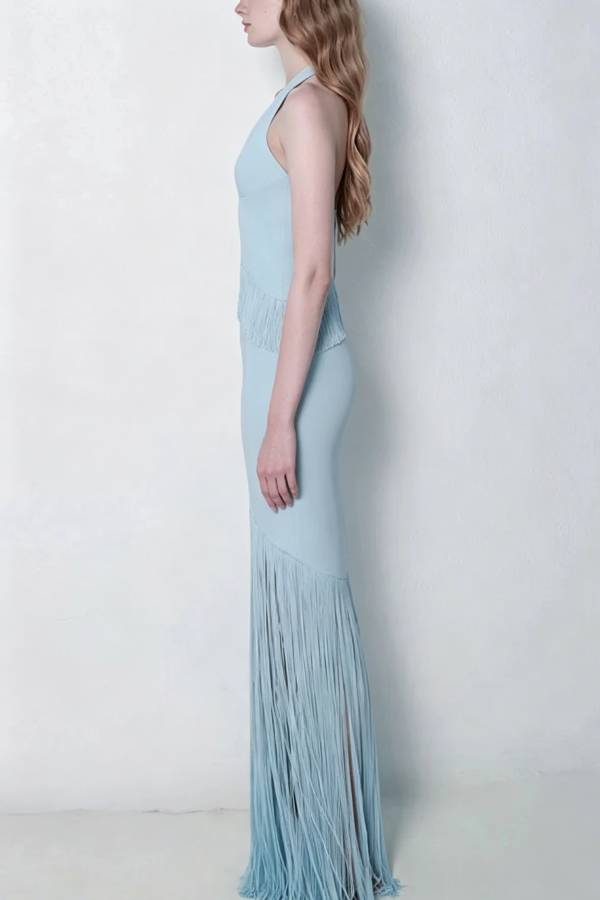 Riley Tassel Trim Halter V-neck Tank and High Rise Maxi Skirt Set