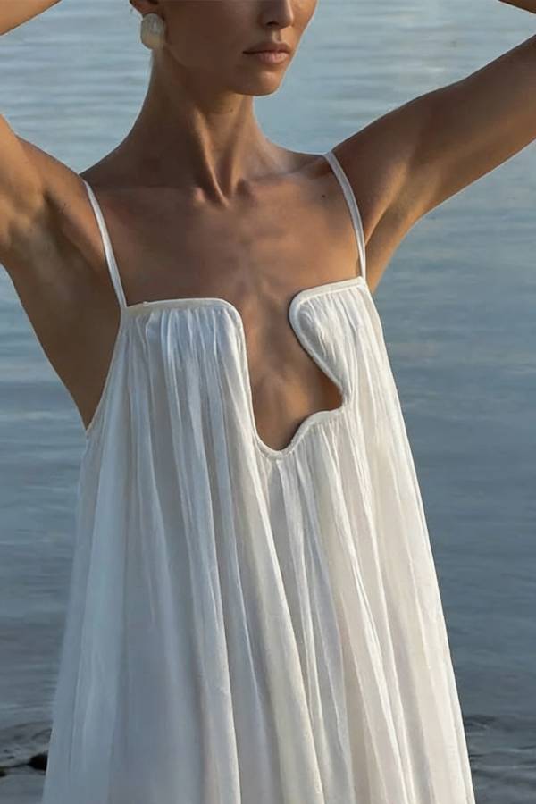 Sculptural Flowy Chiffon Plunging Chest Cutout Slip Loose Maxi Dress