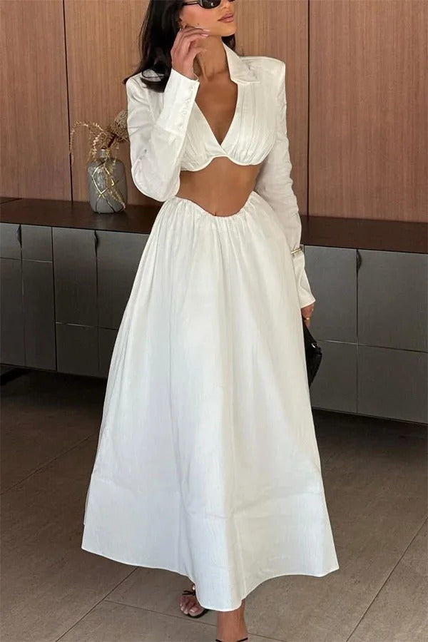 Greta Linen Blend Bra-style Gathered Long Sleeve Crop Shirt and Mid Rise Pocket Umbrella Skirt Set