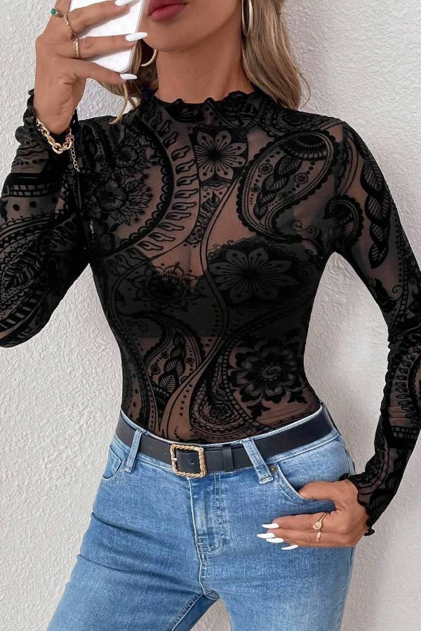 Half-high collar see-through lace pattern long-sleeved top