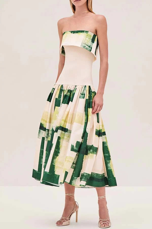 Robia Unique Print Ribbed Elastic Waist Pocketed Strapless Midi Dress