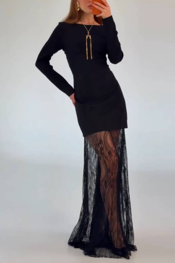 Black Long Sleeve Boat Neck Bodycon Maxi Dress with Sheer Lace Hem