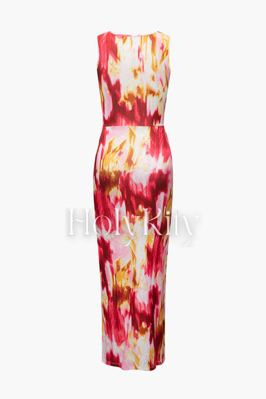 Tie Dye Knot Front Sleeveless Maxi Dress