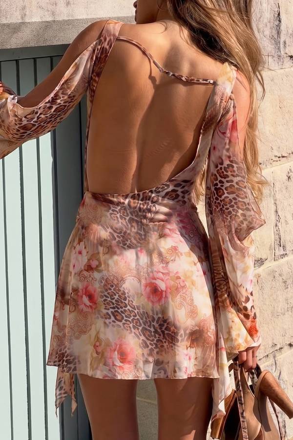 Leopard & Floral Print Open-Back Cowl Neck Chiffon Dress