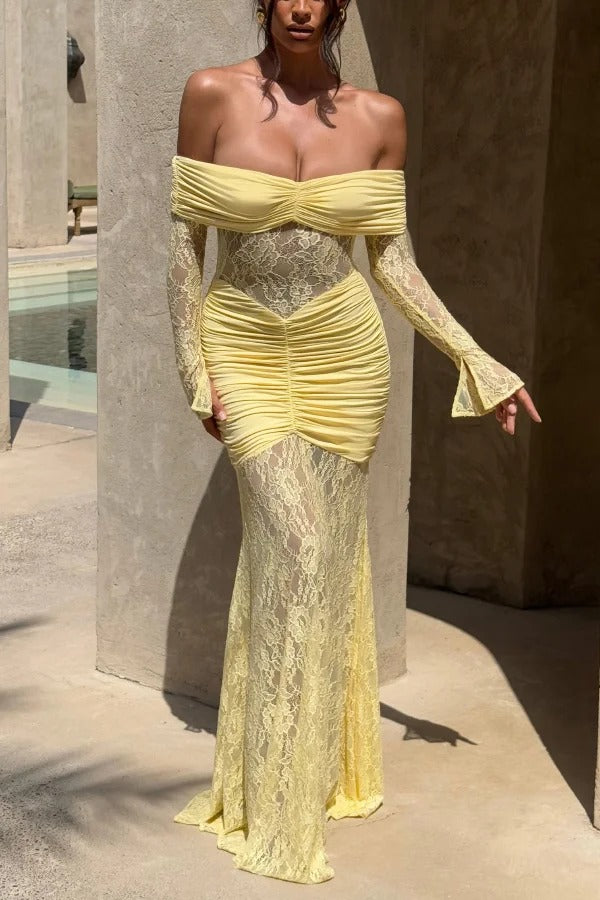 Solid Color Patchwork Lace Off-shoulder Long-sleeved Pleated Slim-fit Maxi Dress