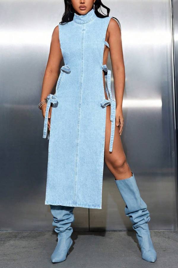 High Neck Sleeveless Cutout Tie Side Denim Midi Dress