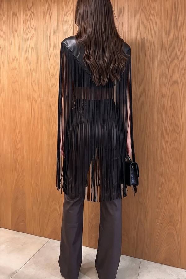 Cool and Stylish Faux-Leather Tassel Trim Cape Midi Top