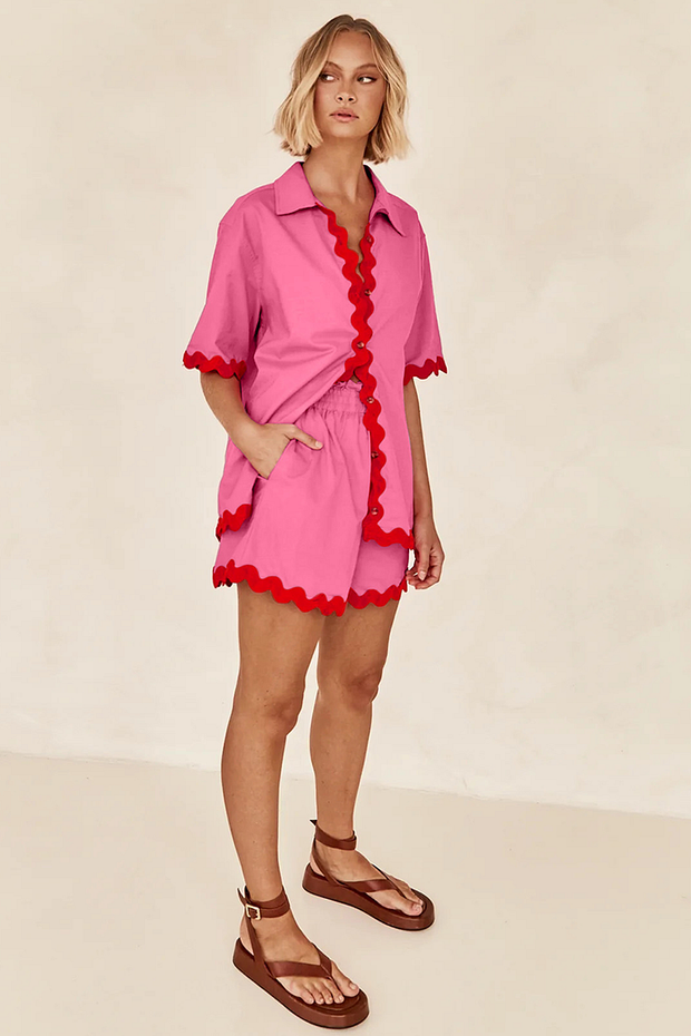 Colorblock Ripple Trim Short Sleeve Blouse Casual Shorts Matching Set