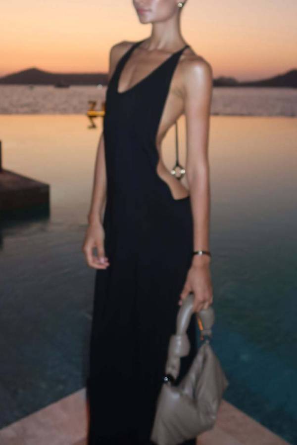 Metal Ring Halter Backless Bodycon Maxi Dress