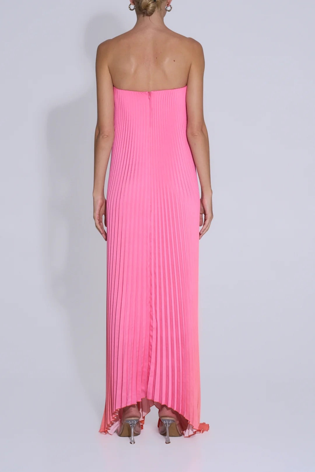 Strapless Notch Neck Ombre Pleated Maxi Dress
