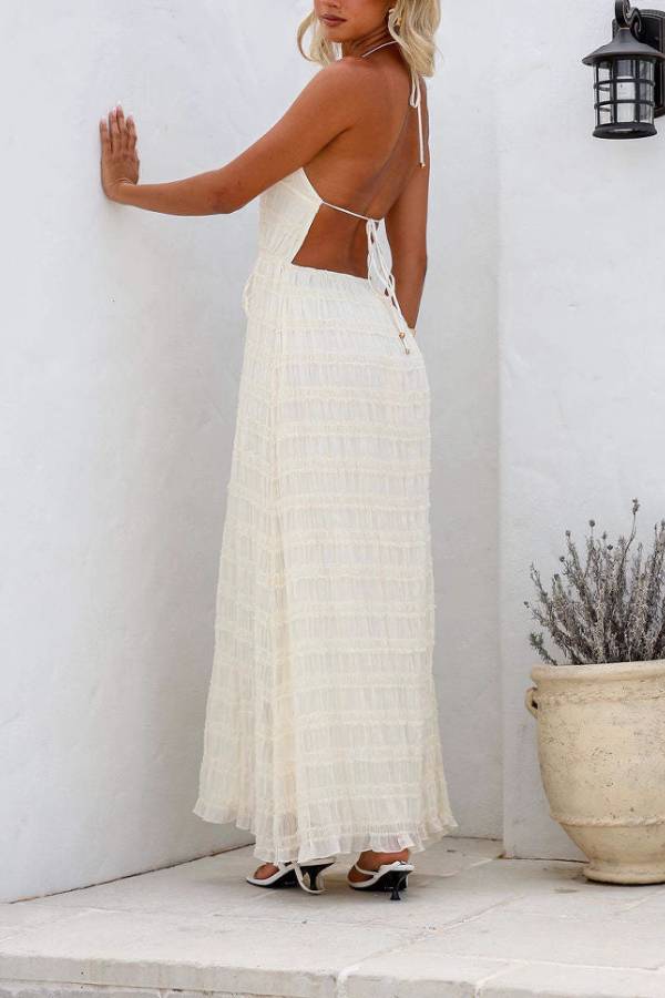 Textured Halter-Neck Backless Maxi Dress