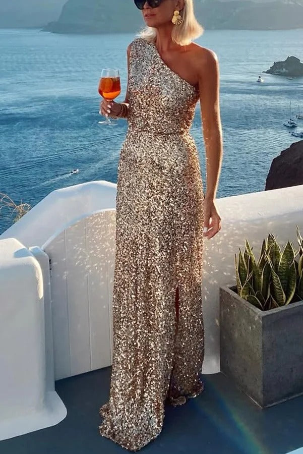 Santorini Night Sequin Fabric One Shoulder Slit Maxi Dress