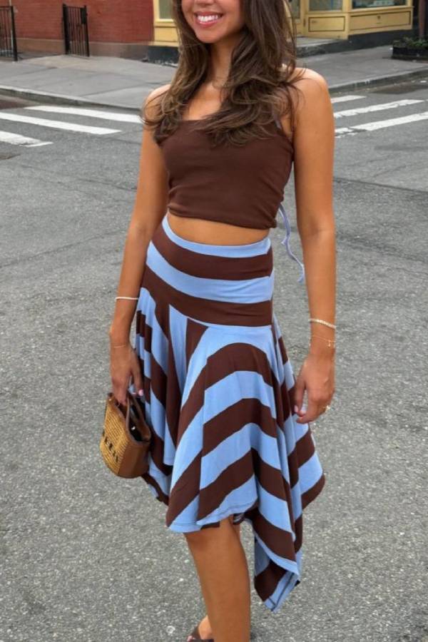 Color‑Block Stripe Halter Top & Asymmetrical Skirt Two‑Piece Set