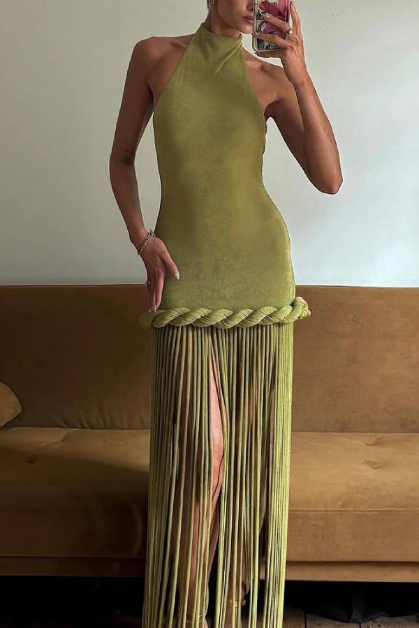 Halter Twist Waist Long Fringe Bodycon Mini Dress