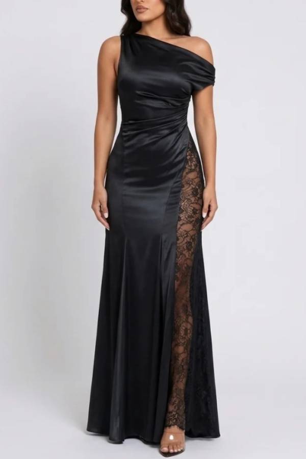 Women's One Shoulder Black Satin Maxi Dress with Sheer Lace Insert Panel