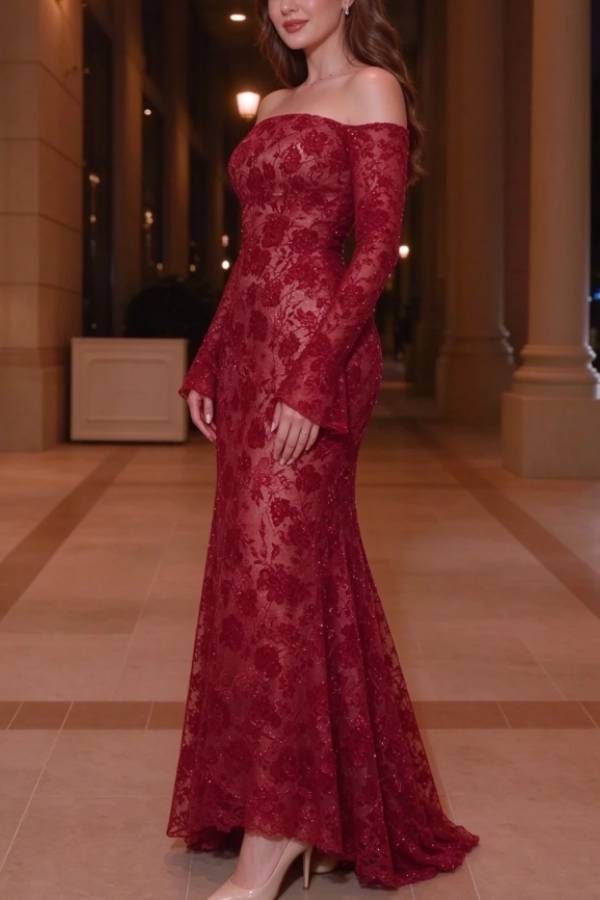 Off-Shoulder Long Sleeve Floral Lace Mermaid Maxi Evening Dress